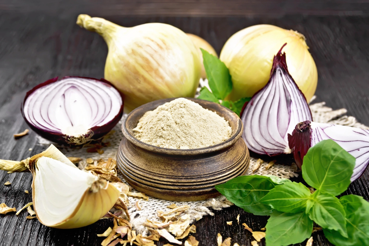 Premium dehydrated red onion powder with farm background